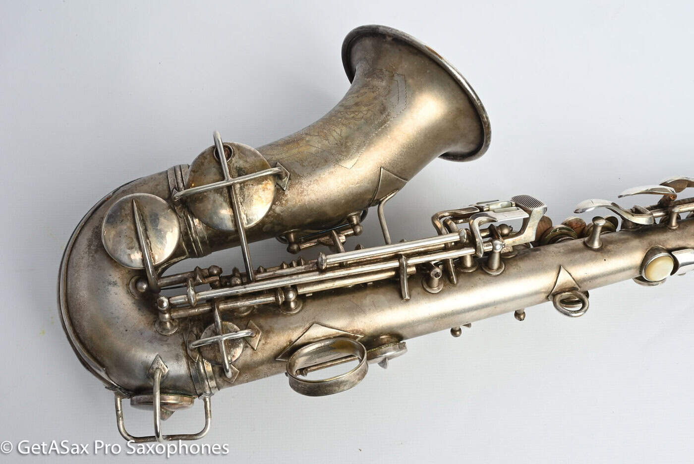 Conn 4M Curved Soprano Original Silver Plate Orig Pads Art Deco Engraved Rare! 239359